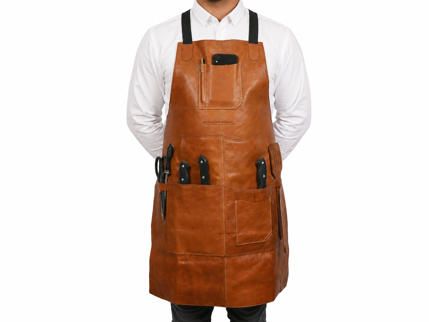 Caramel Brown Full-Grain Leather Bib Apron with Utility Pockets