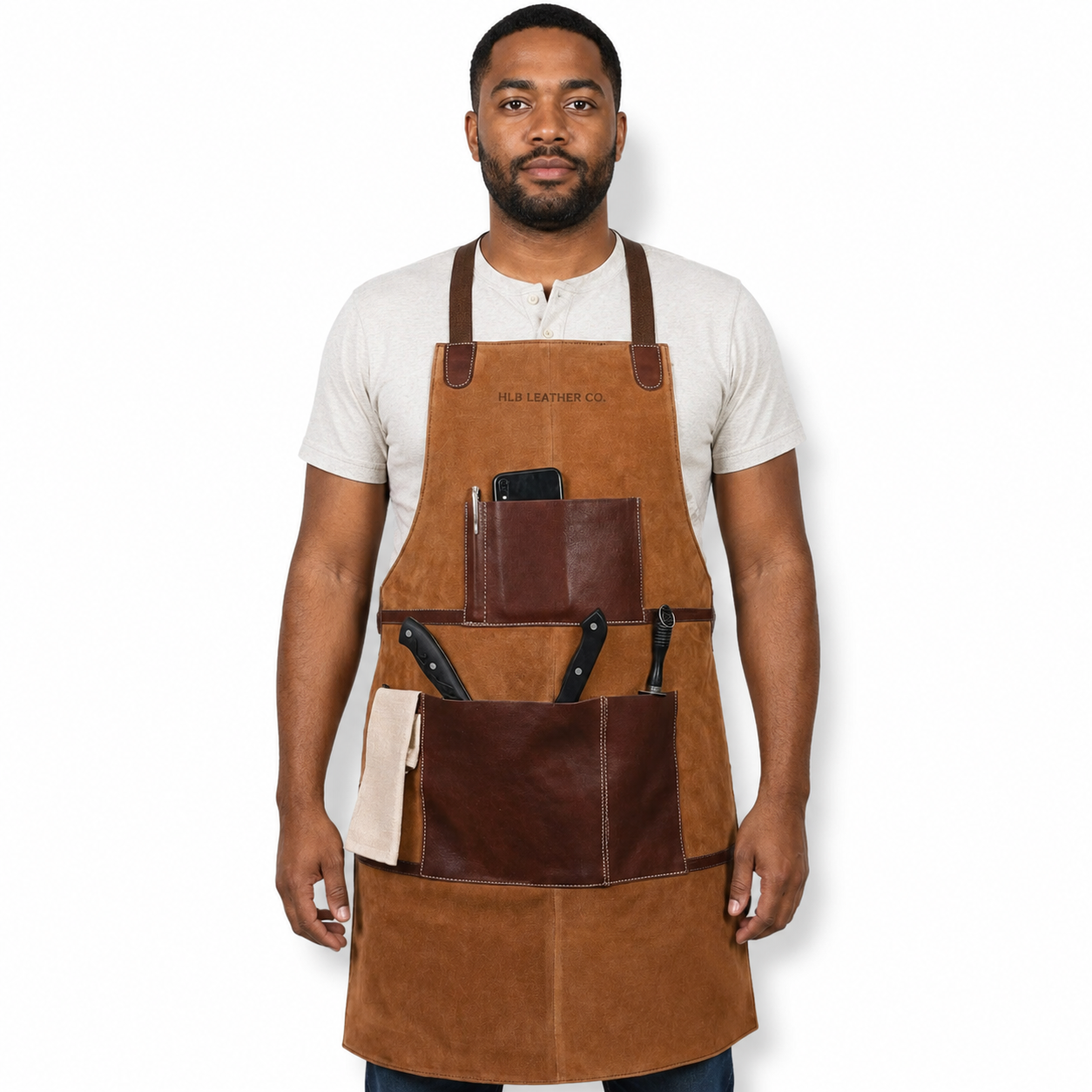 Chestnut Suede Leather Work Apron with Utility Pockets