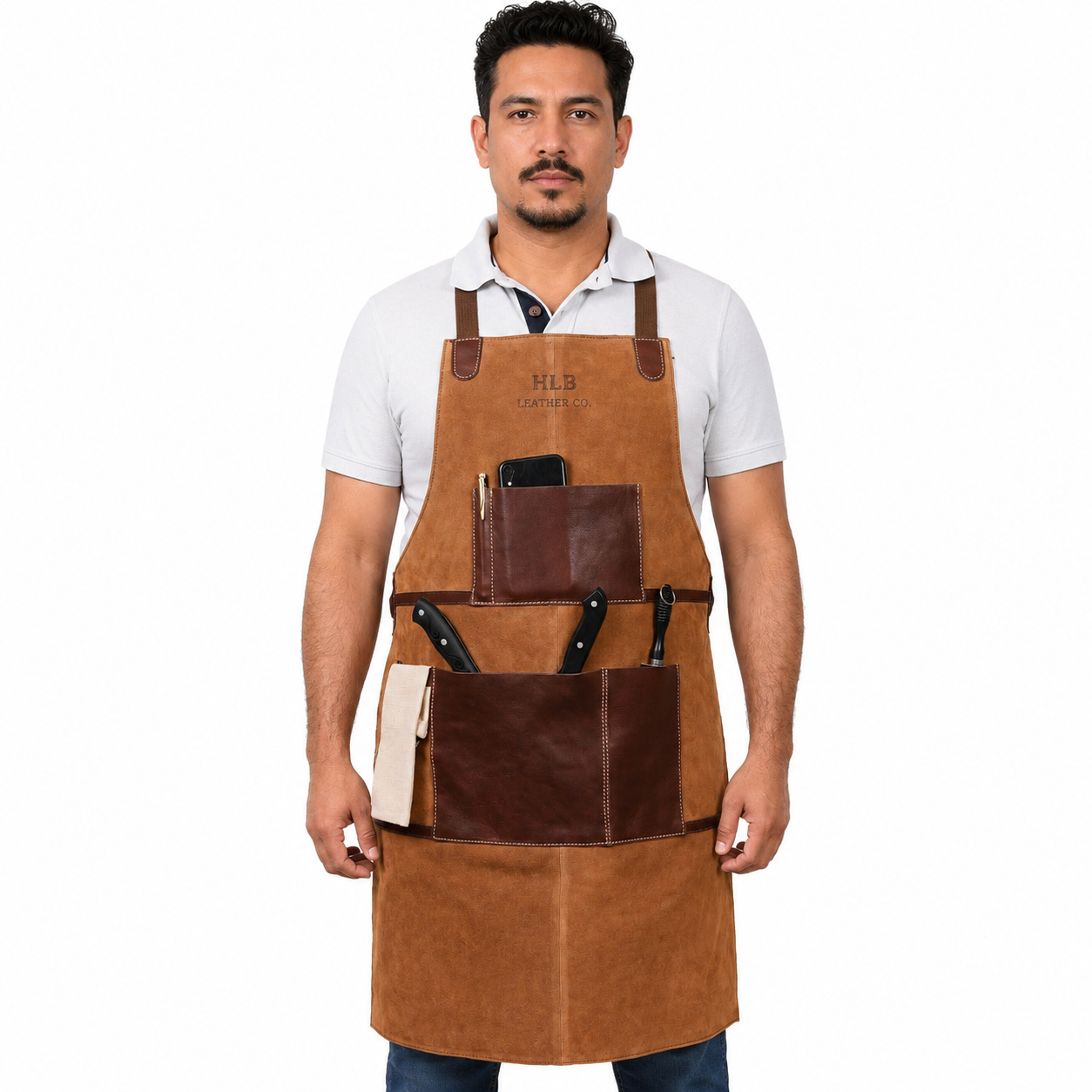 Chestnut Suede Leather Work Apron with Utility Pockets