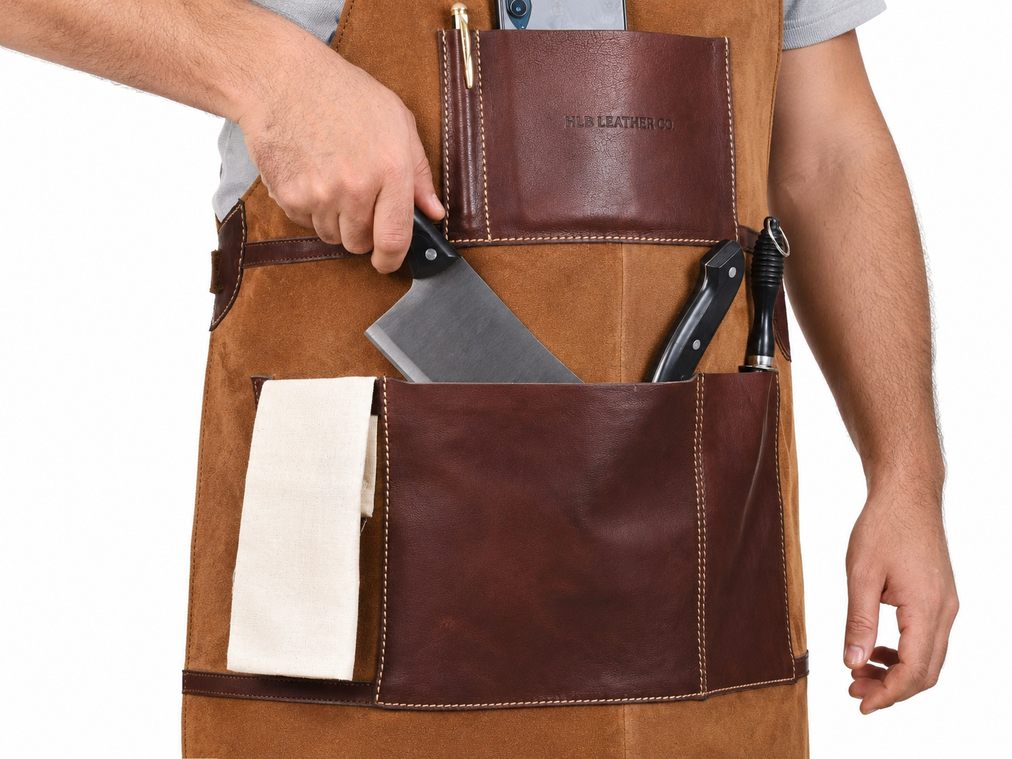 Chestnut Suede Leather Work Apron with Utility Pockets
