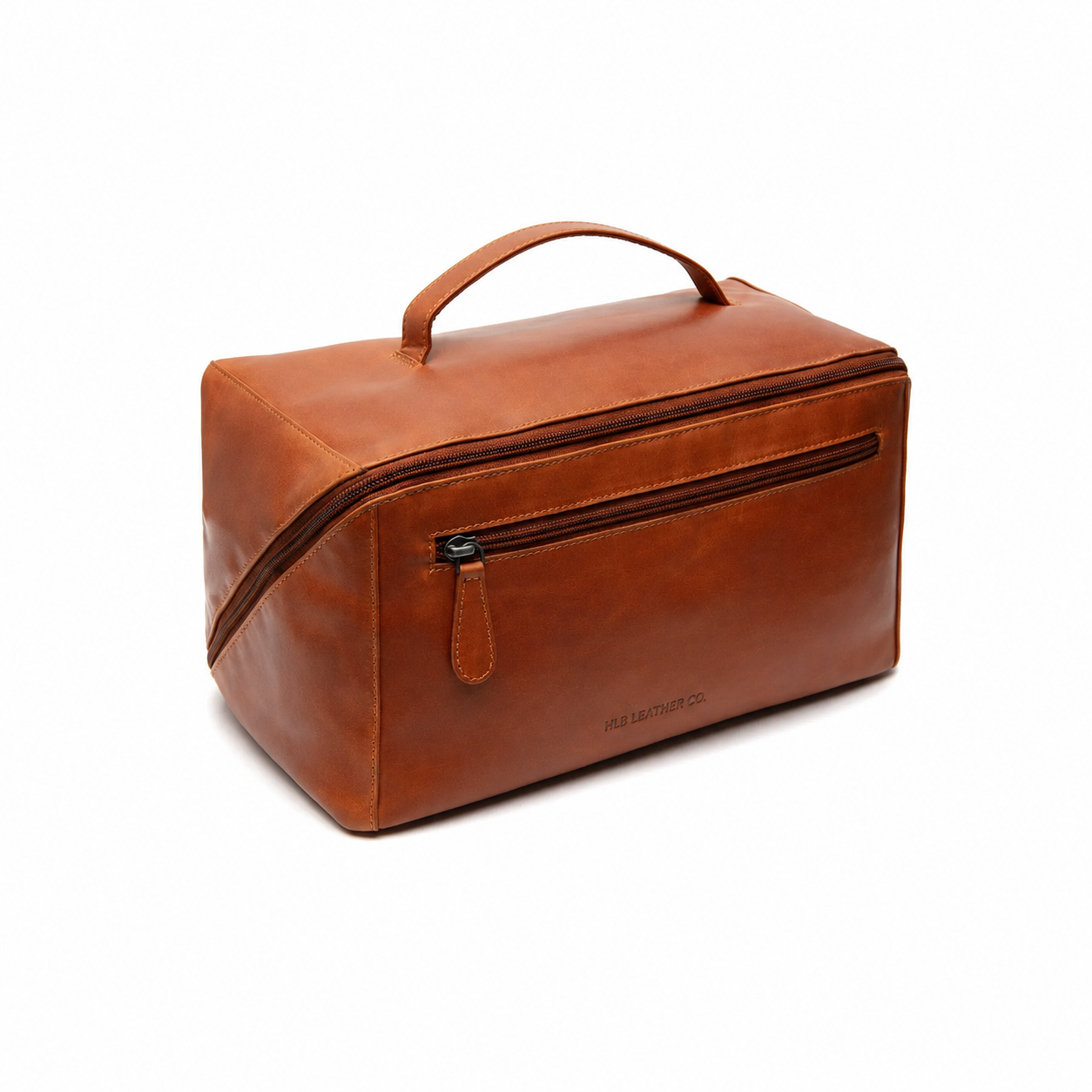 Trevia Cognac Wax Pull-Up Leather Toiletry Bag – Diagonal Zip Travel Organizer