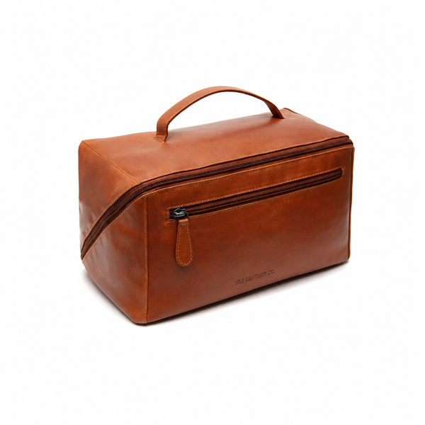 Trevia Cognac Wax Pull-Up Leather Toiletry Bag – Diagonal Zip Travel Organizer