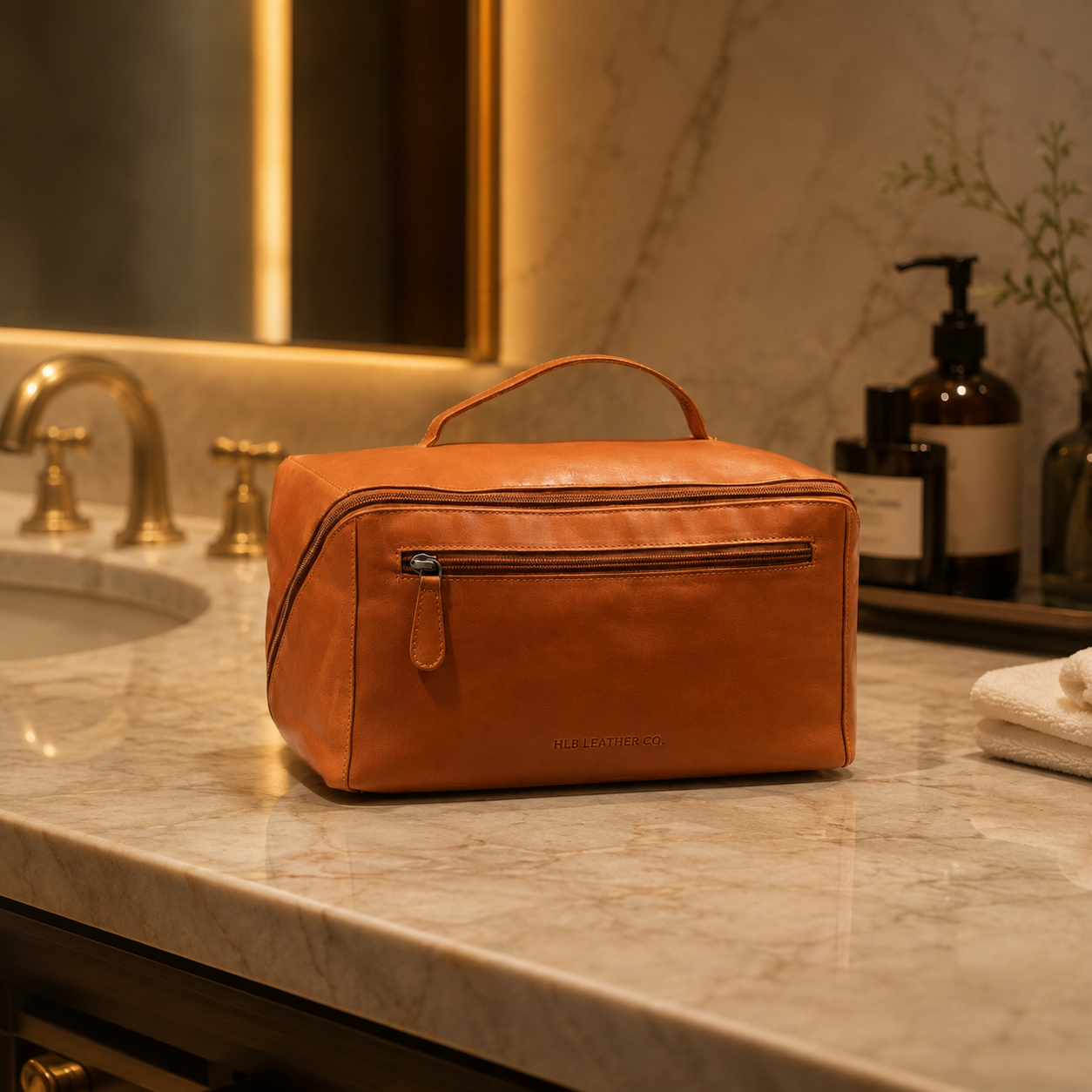 Trevia Cognac Wax Pull-Up Leather Toiletry Bag – Diagonal Zip Travel Organizer