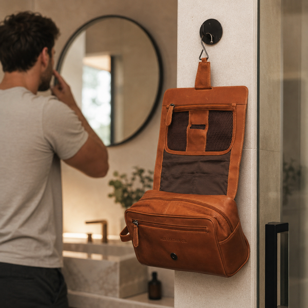 Cognac Wax Pull-Up Leather Dopp Kit – Travel Toiletry Organizer