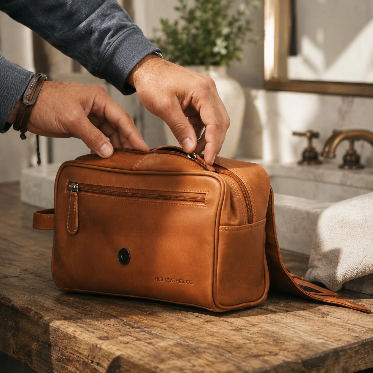 Cognac Wax Pull-Up Leather Dopp Kit – Travel Toiletry Organizer
