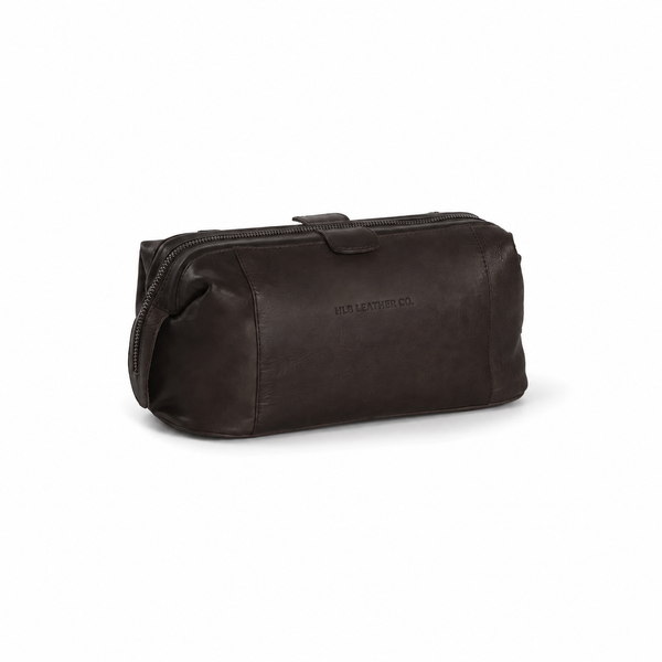 Brown Wax Pull-Up Leather Dopp Kit – Wide-Opening Travel Toiletry Bag