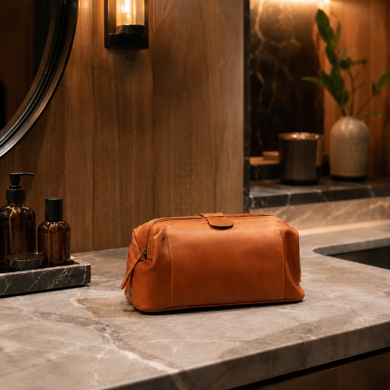 Cognac Waxed Leather Dopp Kit – Roll-Top Travel Toiletry Organizer