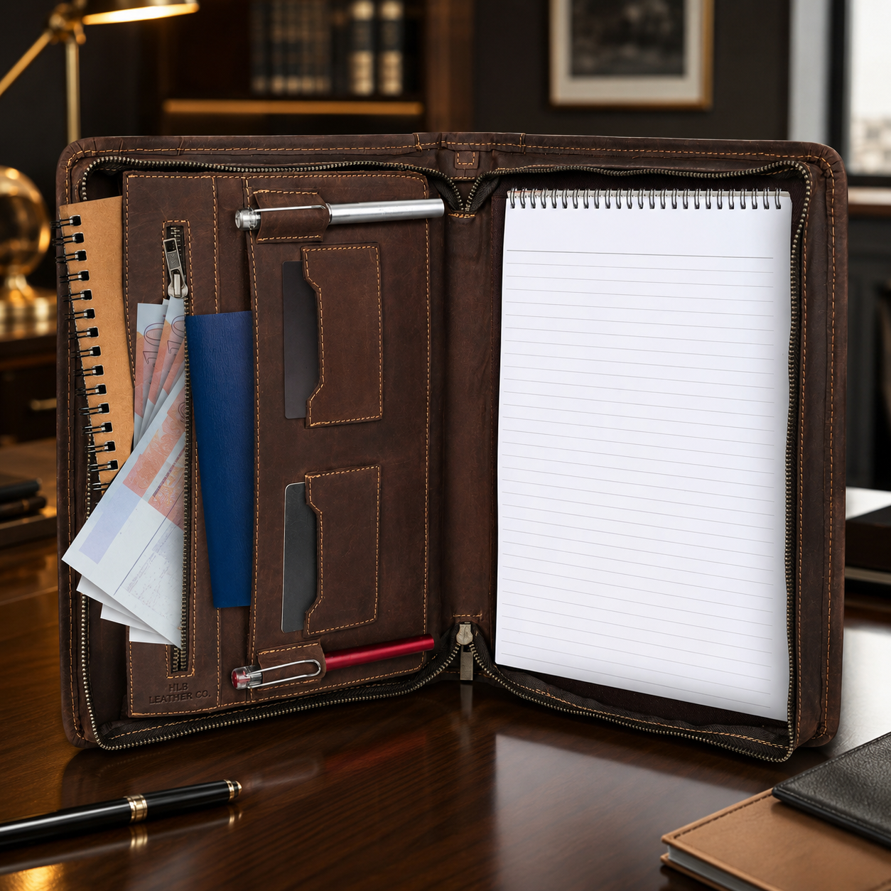 Gower A4 Full-Grain Leather Padfolio – Zipped Conference & Tablet Organizer