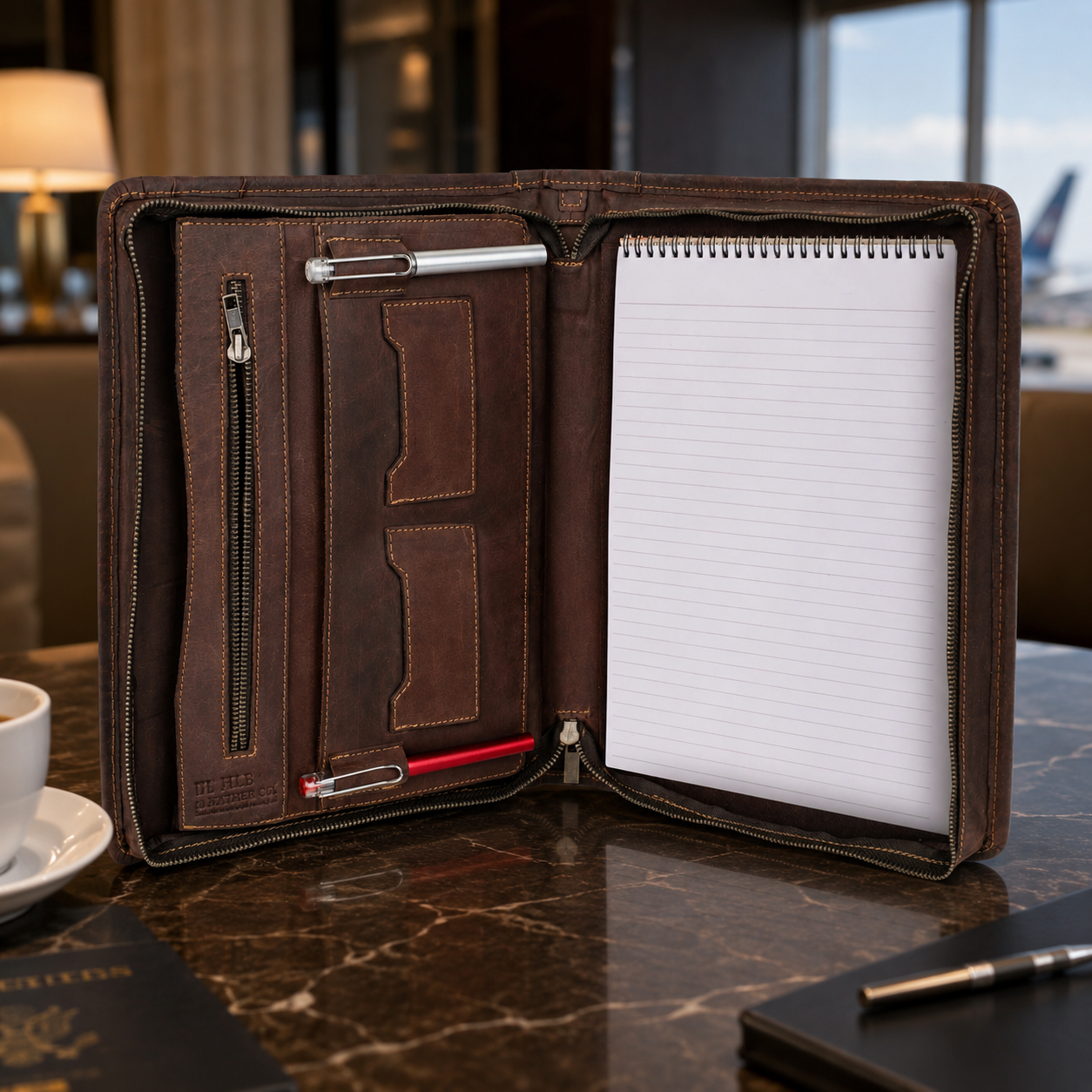 Gower A4 Full-Grain Leather Padfolio – Zipped Conference & Tablet Organizer