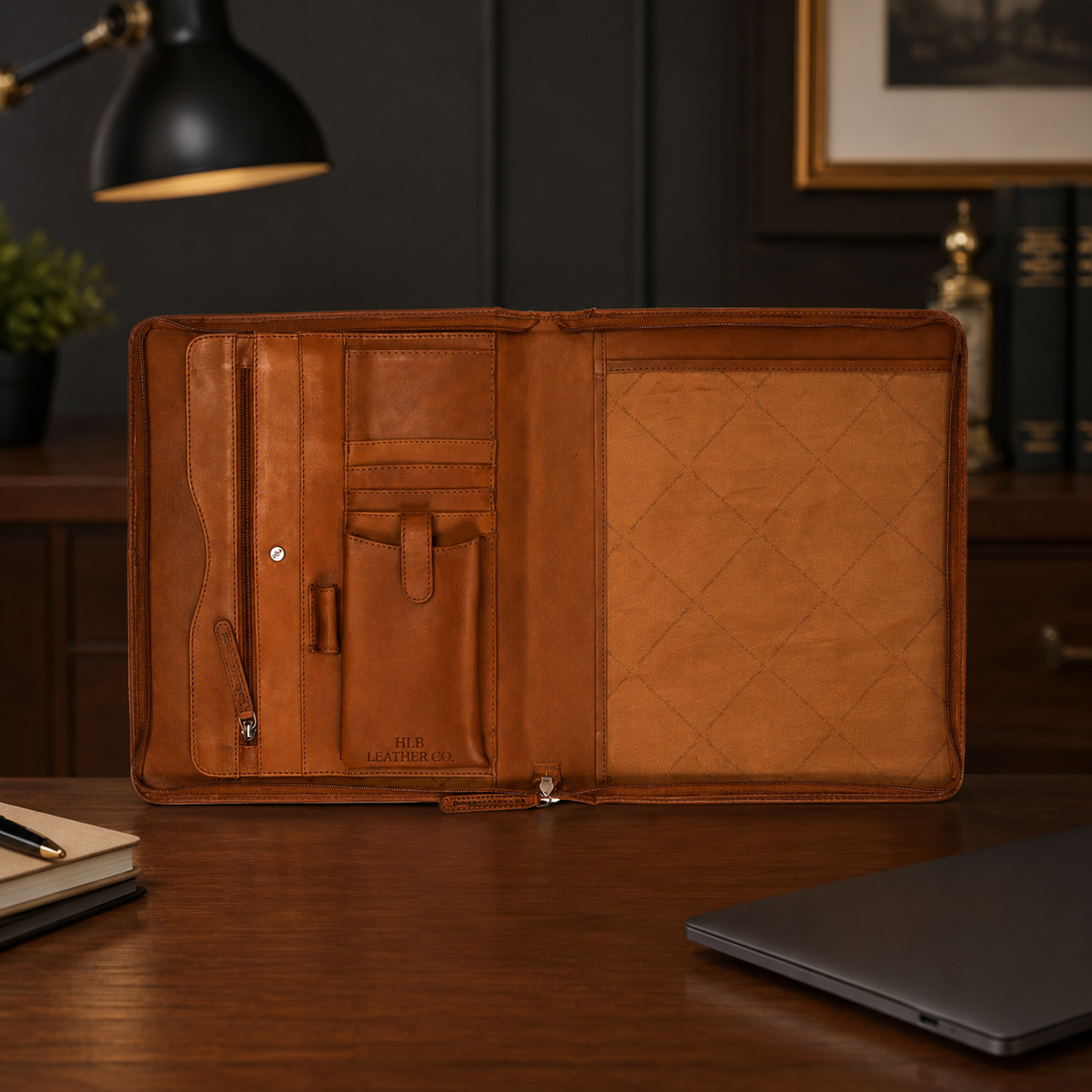Barnet Cognac A4 Leather Portfolio – Zipped Document & Tablet Organizer