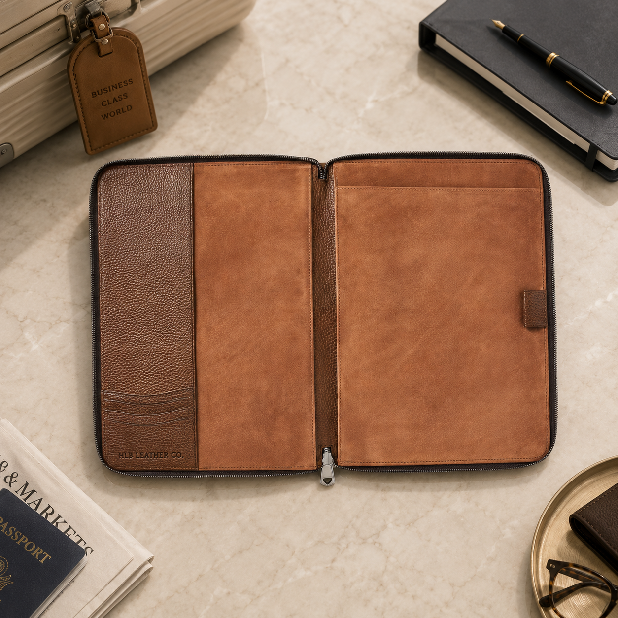 Tobacco Pebble A4 Zipped Leather Padfolio – Executive Business Portfolio