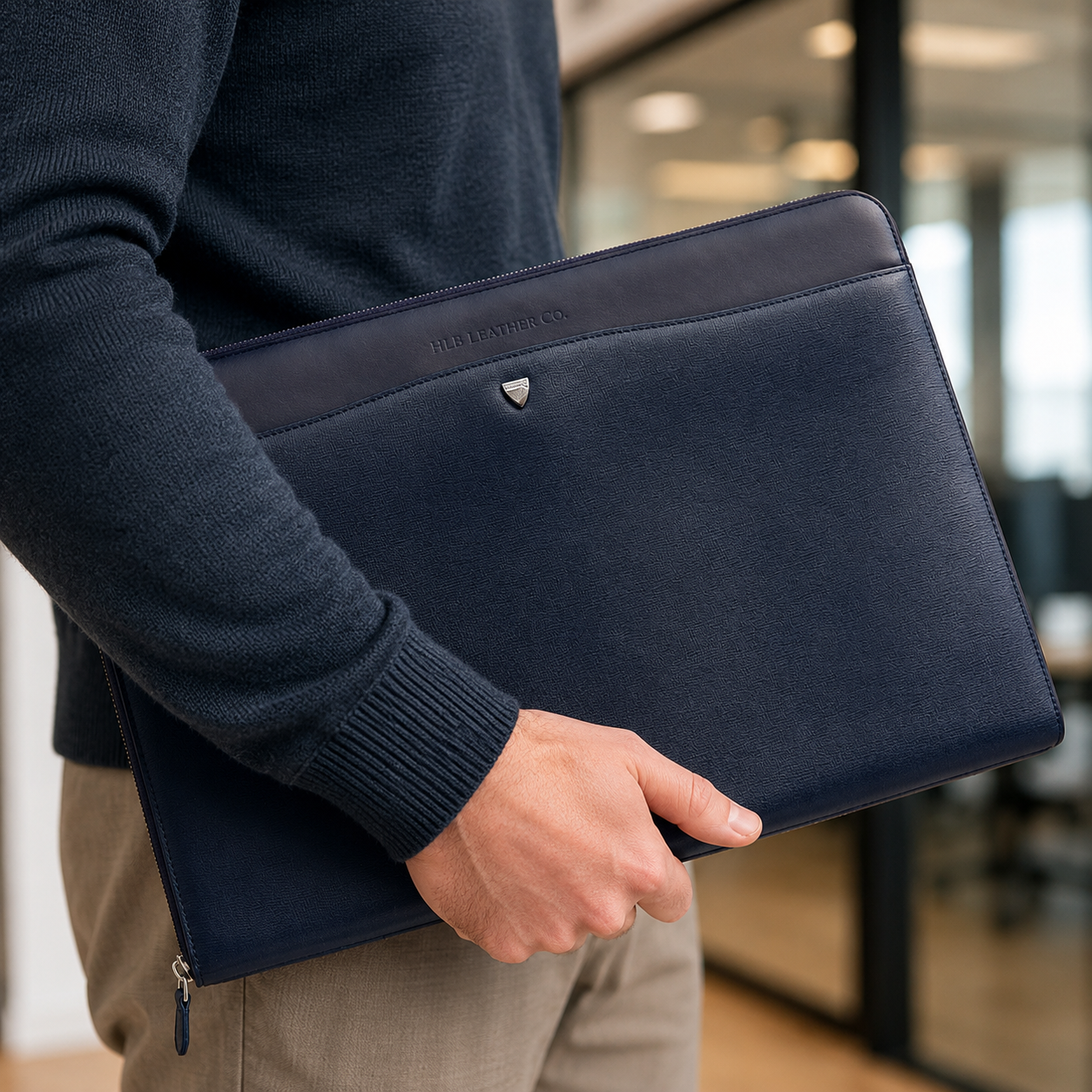 Navy Saffiano 16-Inch Leather Laptop Folio Case – Executive Business Sleeve