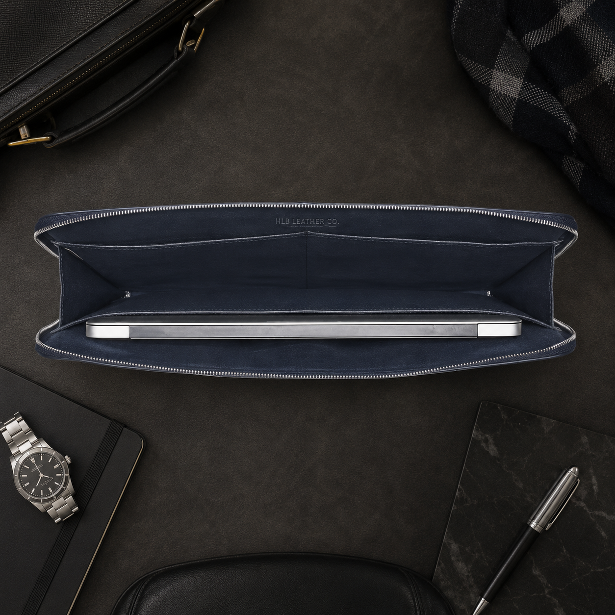Navy Saffiano 16-Inch Leather Laptop Folio Case – Executive Business Sleeve