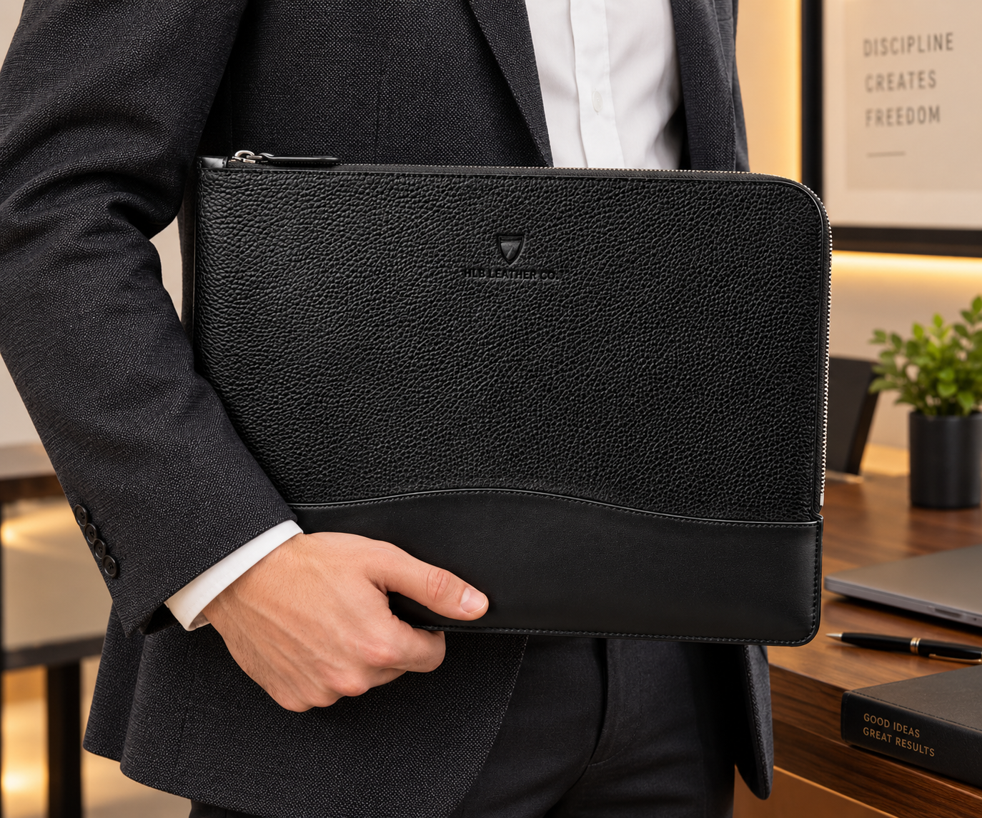 Black Pebble Leather Folio Case – Executive Business Portfolio