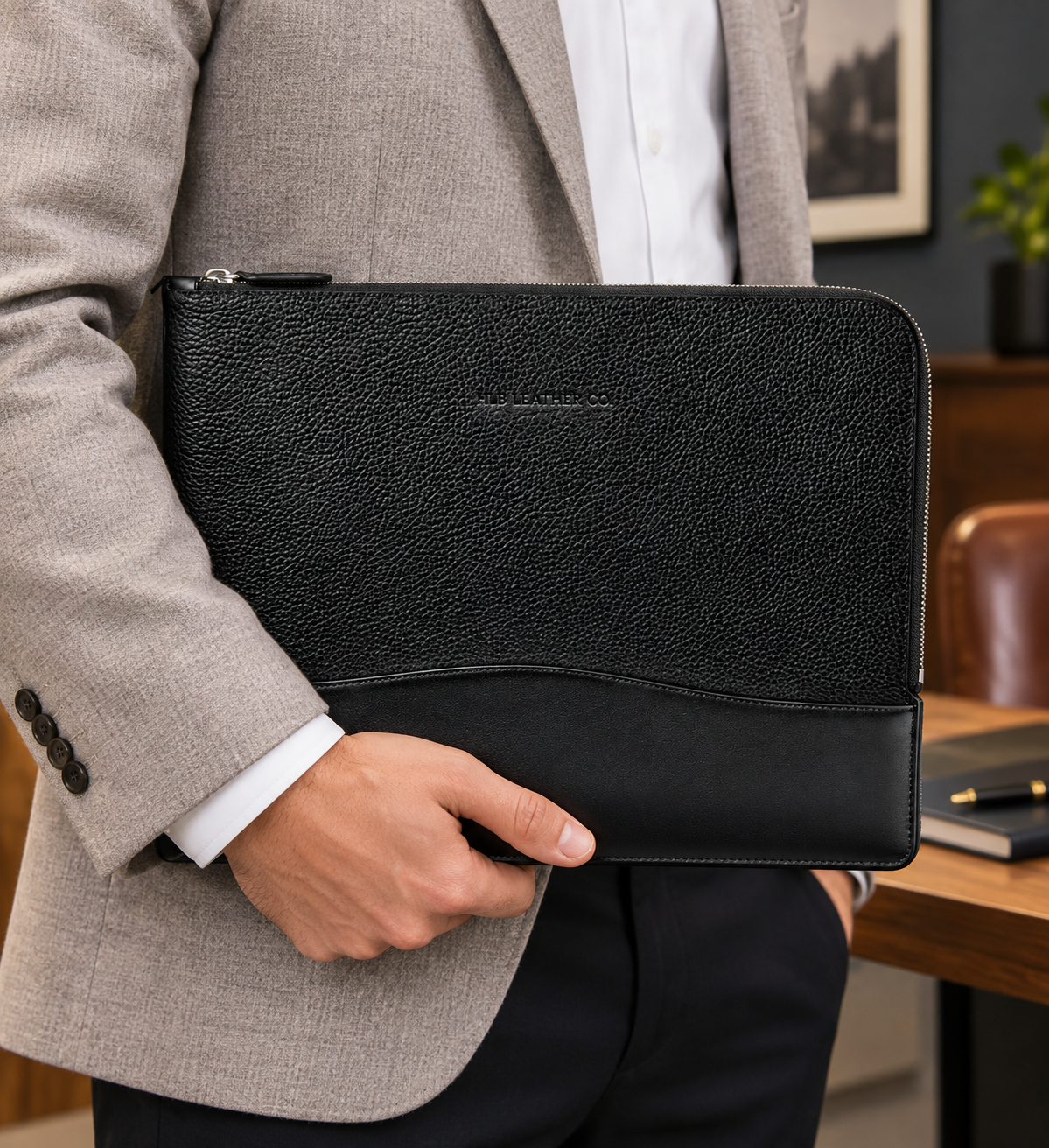 Black Pebble Leather Folio Case – Executive Business Portfolio