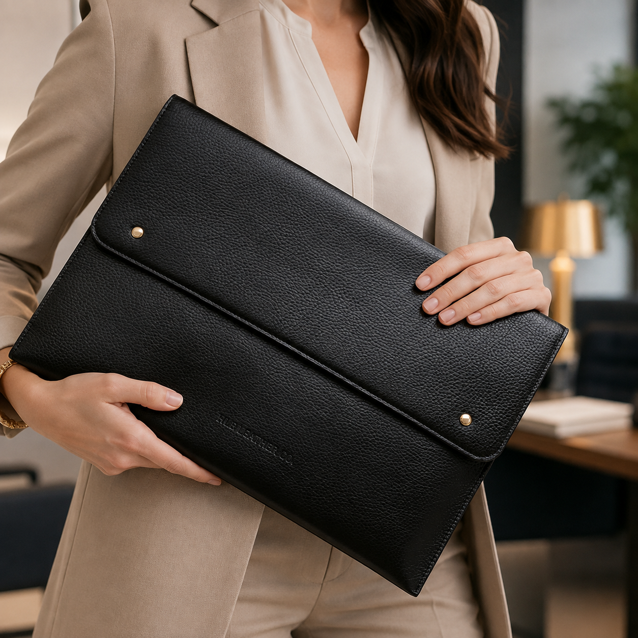 Black Pebble 16-Inch Leather Laptop Folio Case – Classic Executive Business Sleeve