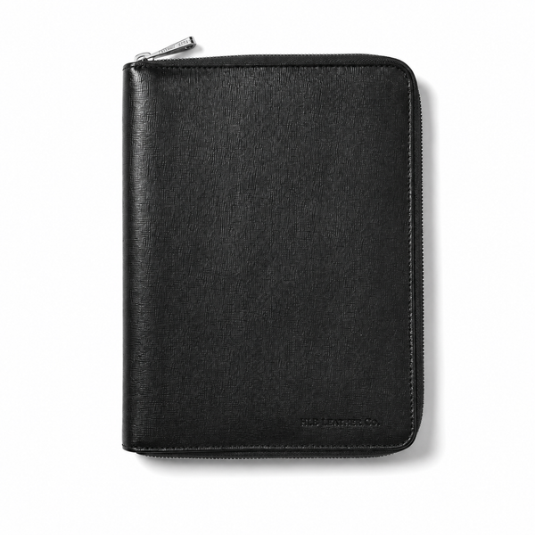 Black Saffiano & Cobalt Suede A5 Zipped Leather Padfolio – Executive Business Organizer