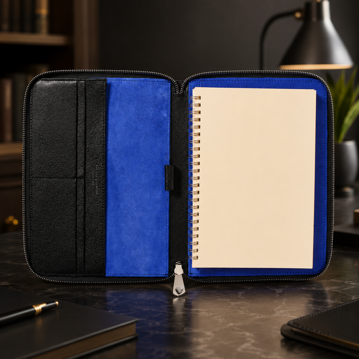 Black Saffiano & Cobalt Suede A5 Zipped Leather Padfolio – Executive Business Organizer