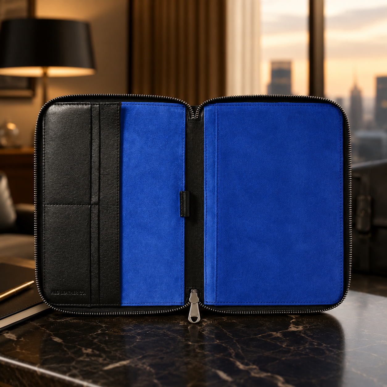 Black Saffiano & Cobalt Suede A5 Zipped Leather Padfolio – Executive Business Organizer