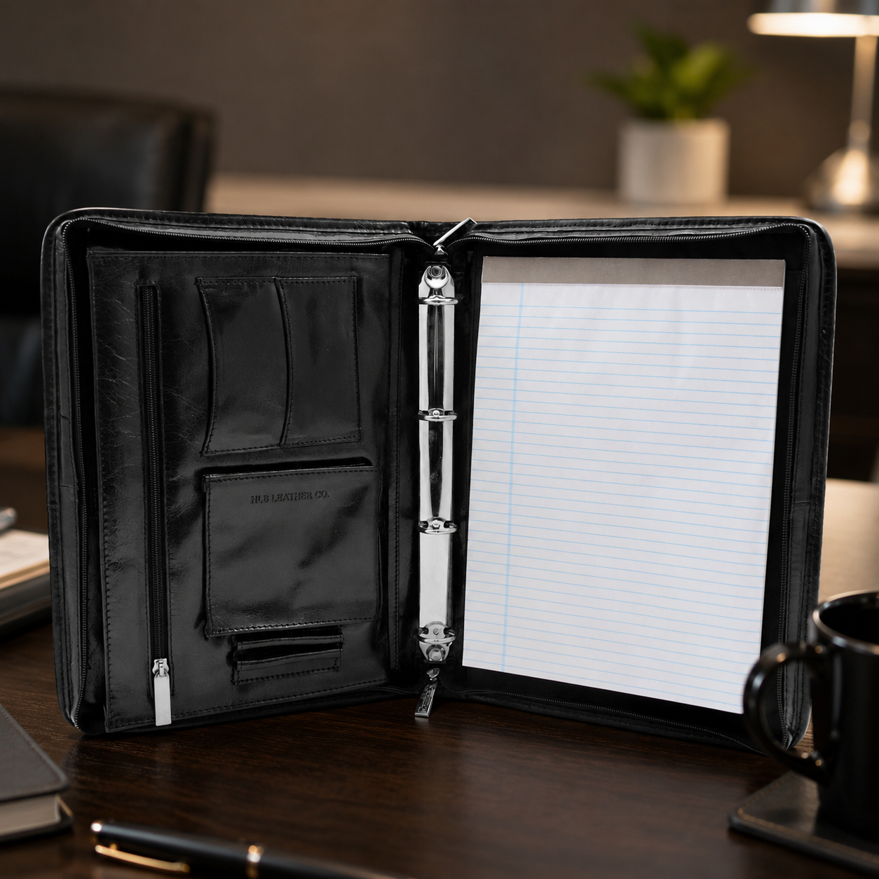 Muker Black Leather Portfolio Case – A4 Ring Binder Business Organizer