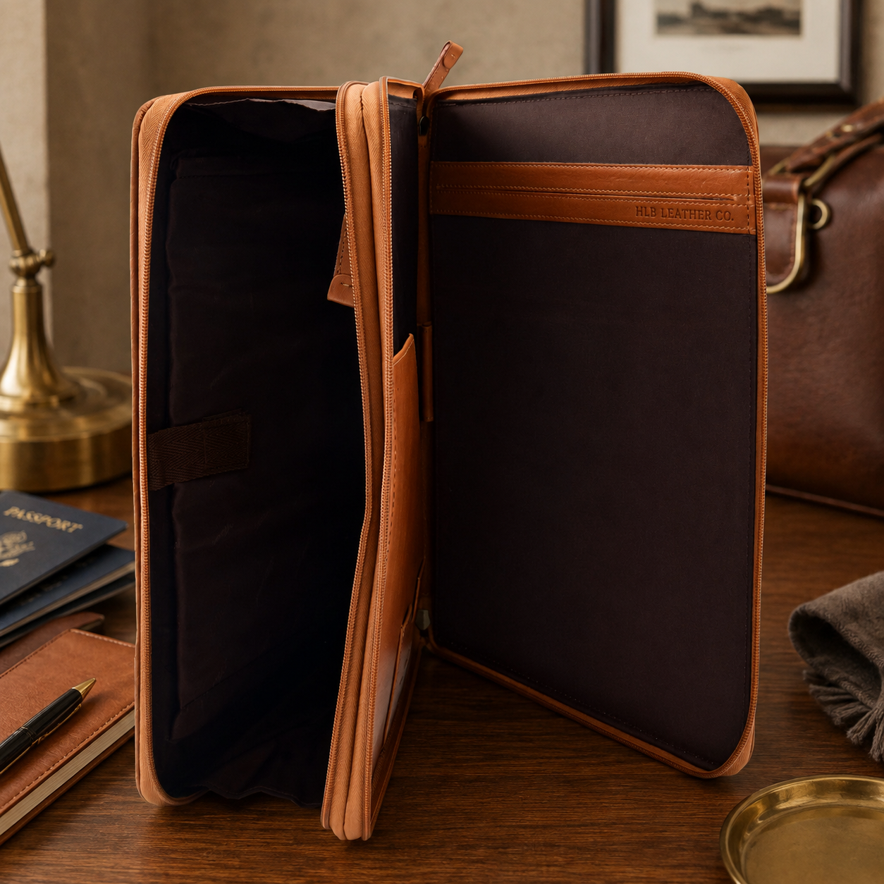 Cookbury Tan A4 Leather Portfolio Case – Dual Compartment Document & Tablet Organizer