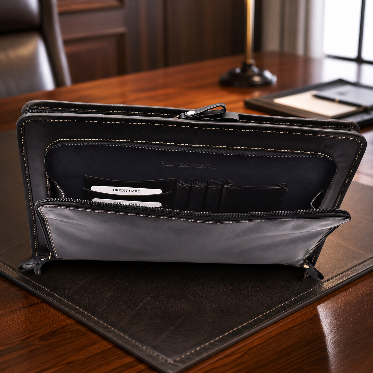 Aero Black A4 Leather Portfolio Case – Gusseted Document Organizer
