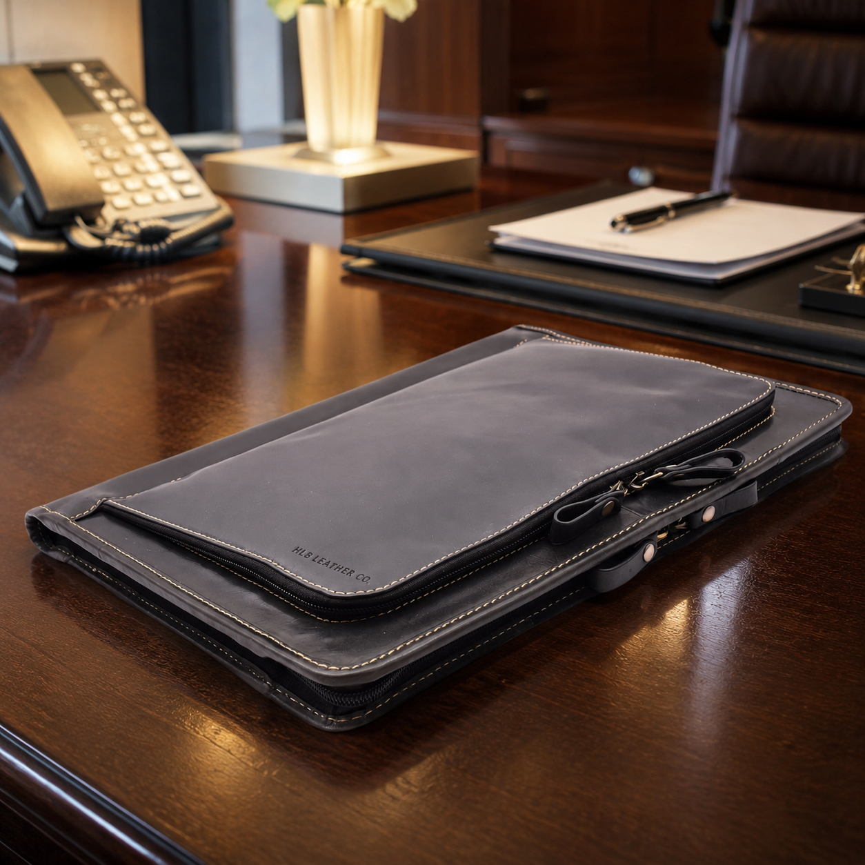 Aero Black A4 Leather Portfolio Case – Gusseted Document Organizer