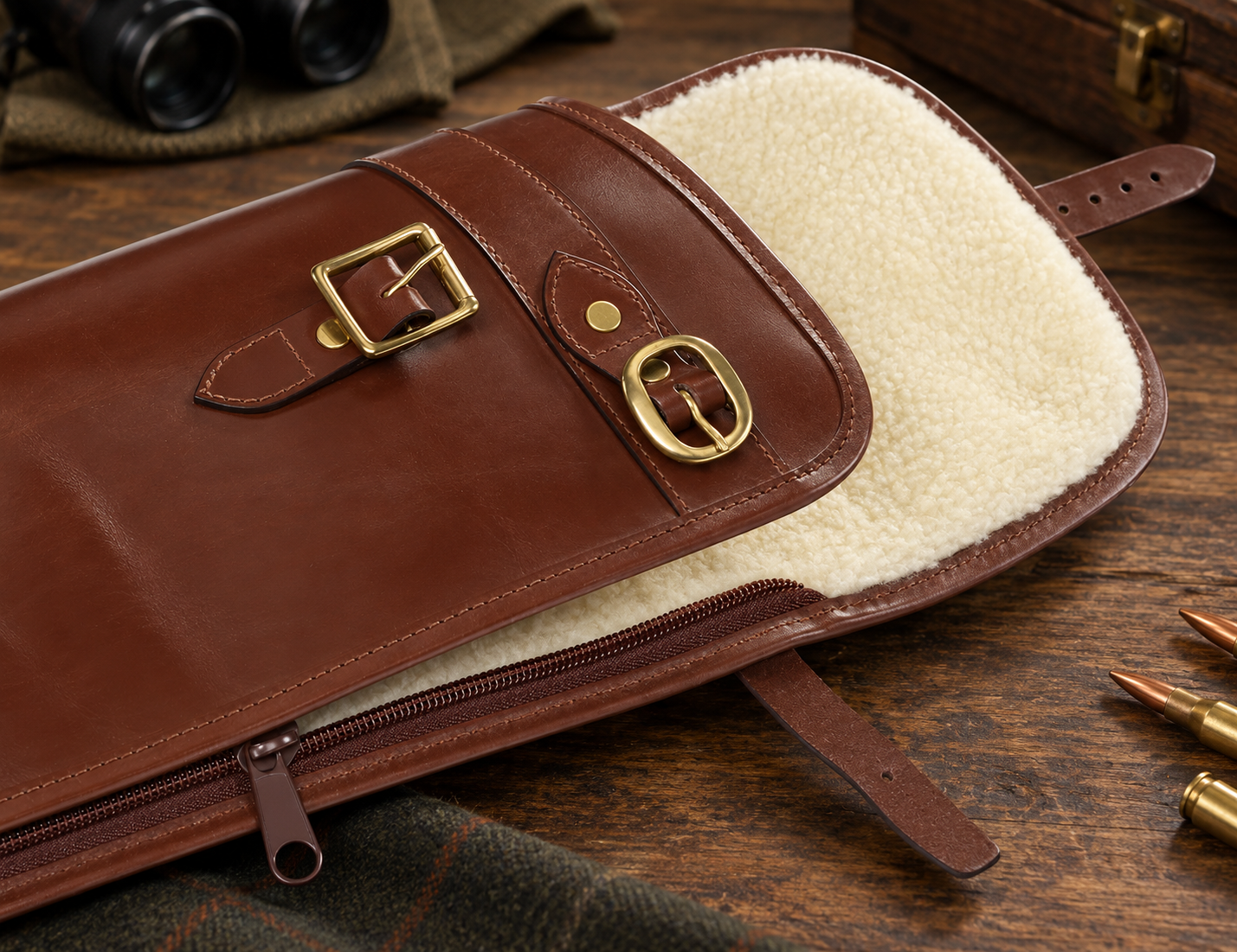 Malton English Bridle Leather Shotgun Slip – Flap, Buckle & Zip Gun Case