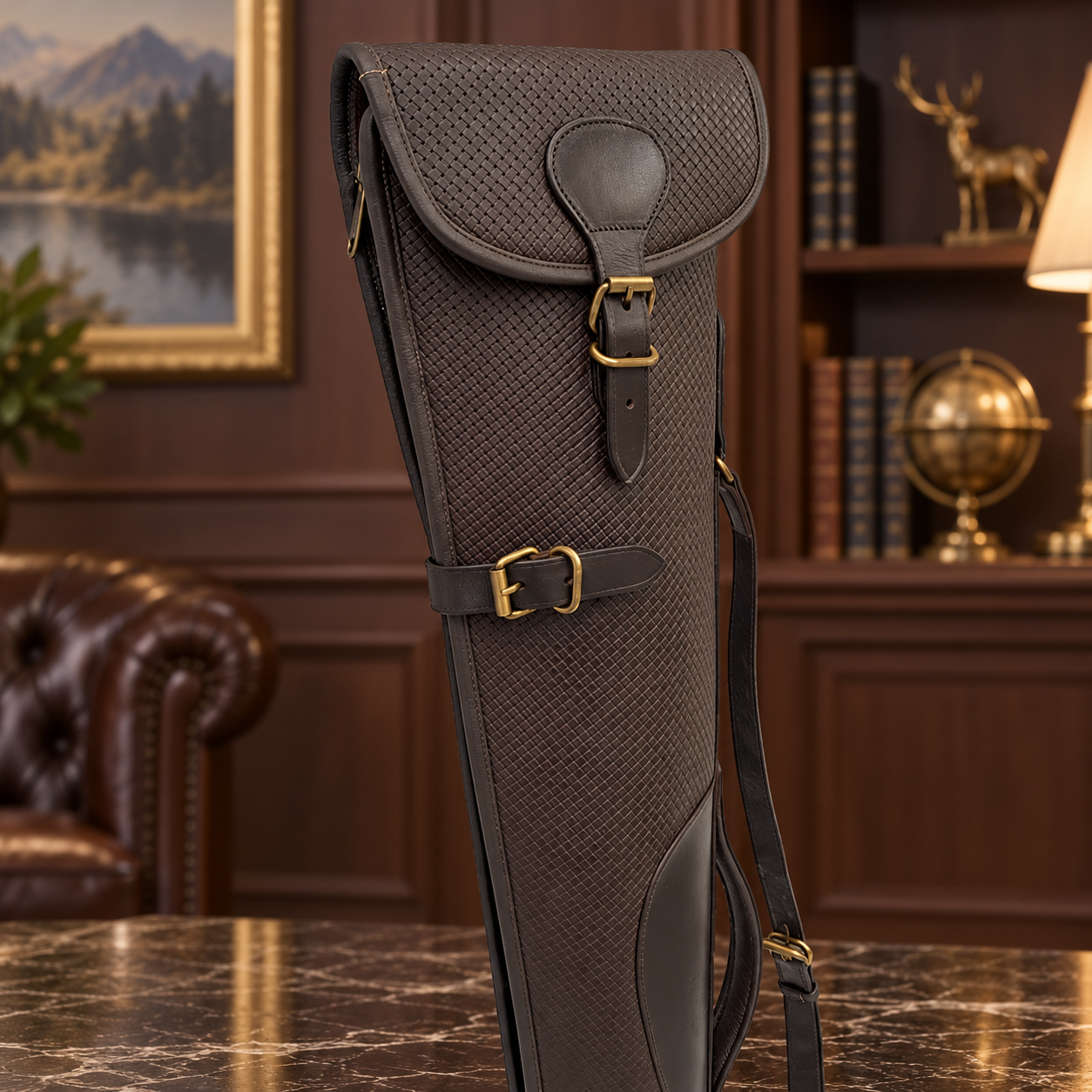 Oak Chequered Shotgun Slip Case – Leather Trimmed Fleece-Lined Gun Case