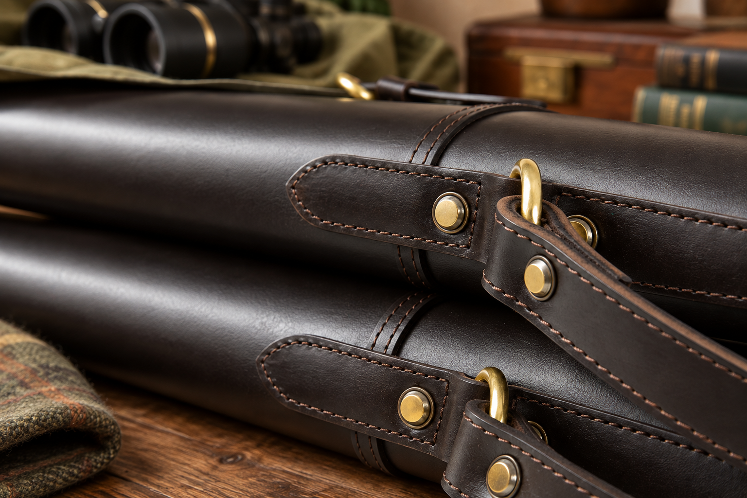 Premier Dark Brown Double Shotgun Slip – Buckle & Flap Leather Gun Case