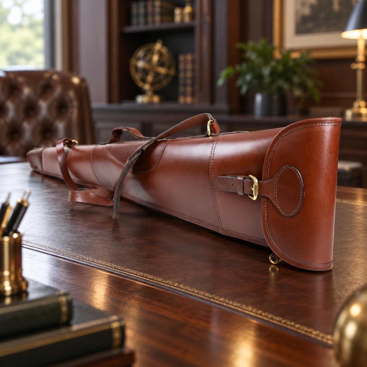 Harness Brown Leather Shotgun Slip – Buckle & Flap Gun Case up to 30"