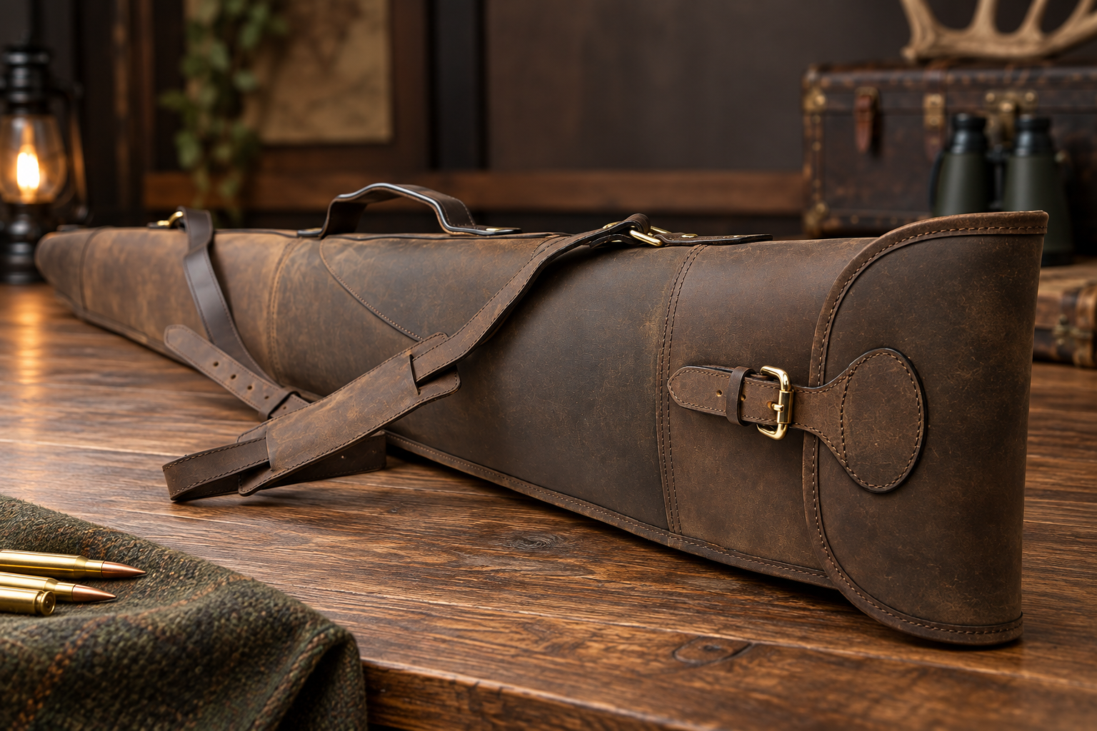 Devonshire Dark Leather Shotgun Slip – Buckle, Flap & Zip Gun Case up to 30"