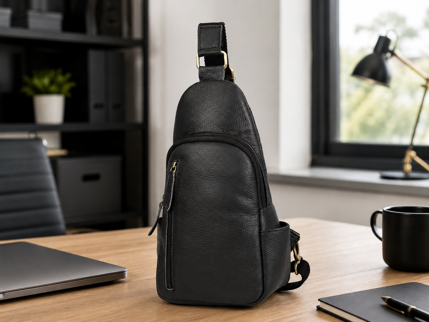 Emerson Black Buffalo Leather Sling Bag