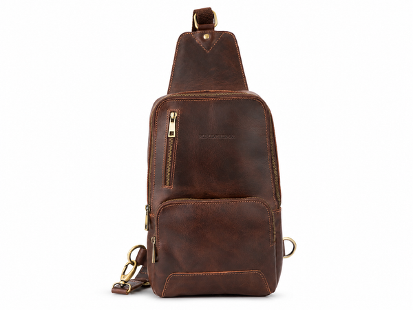 Vintage Buffalo Leather Sling Bag with Brass Zip Details