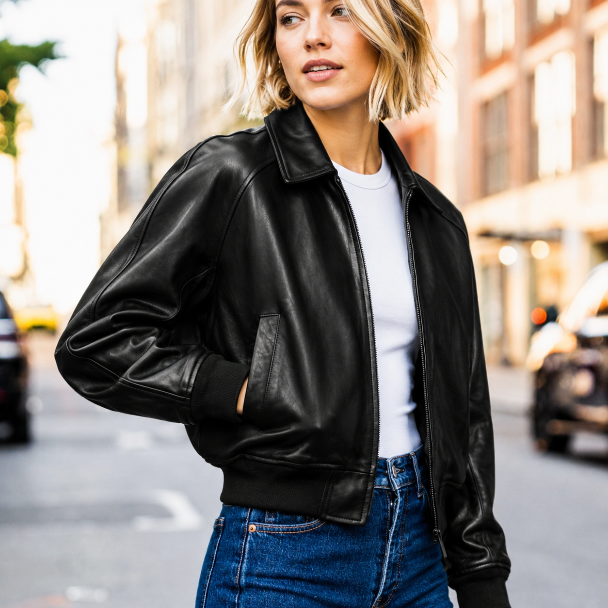 Women’s Black Full-Grain Leather Varsity Jacket