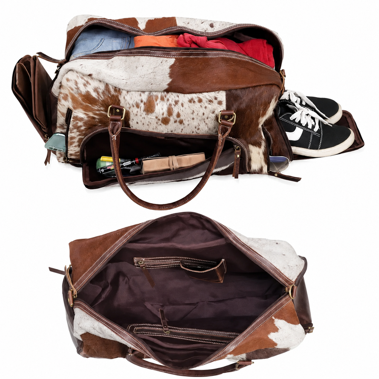 Premium Cowhide Leather Duffle Bag - Unisex Travel Weekender Bag