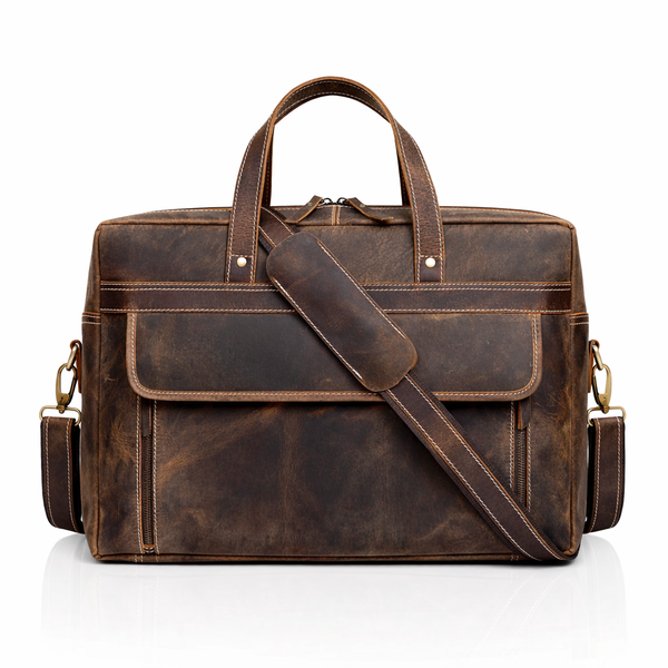 Brown Top-Grain Buffalo Leather Travel Briefcase