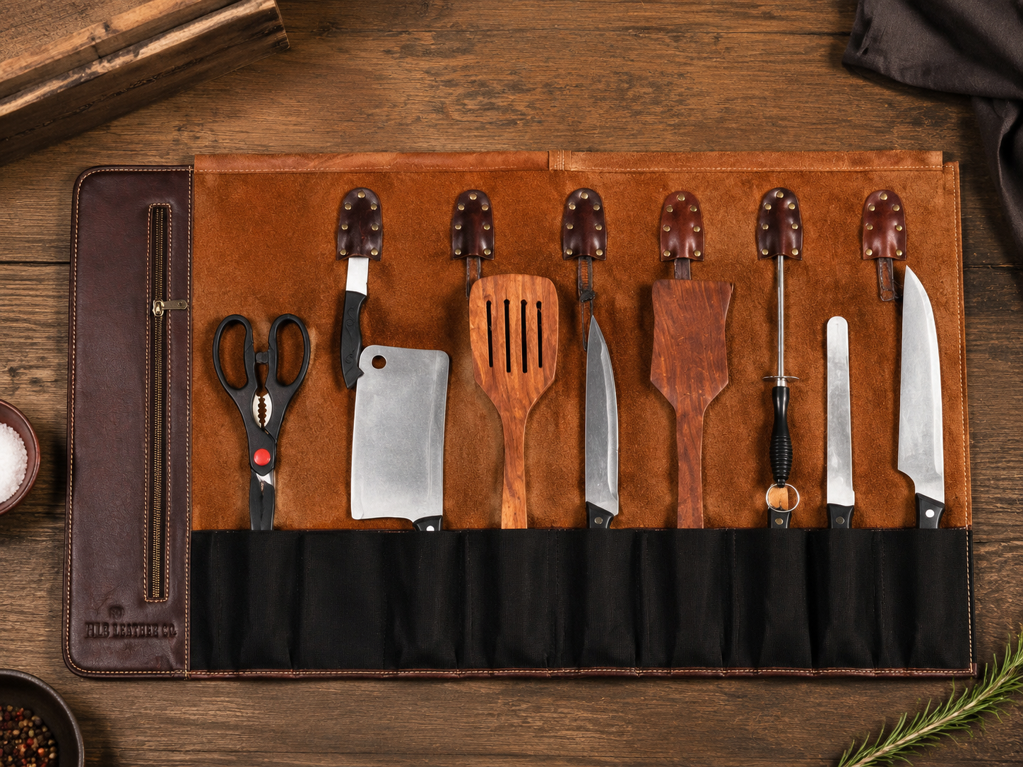 Walnut Brown Leather Knife Roll Bag Combo | Full Grain Chef Storage Case