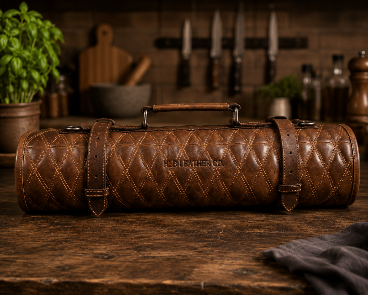 Sienna Quilted Full Grain Leather Knife Roll | Premium Chef Knife Organizer
