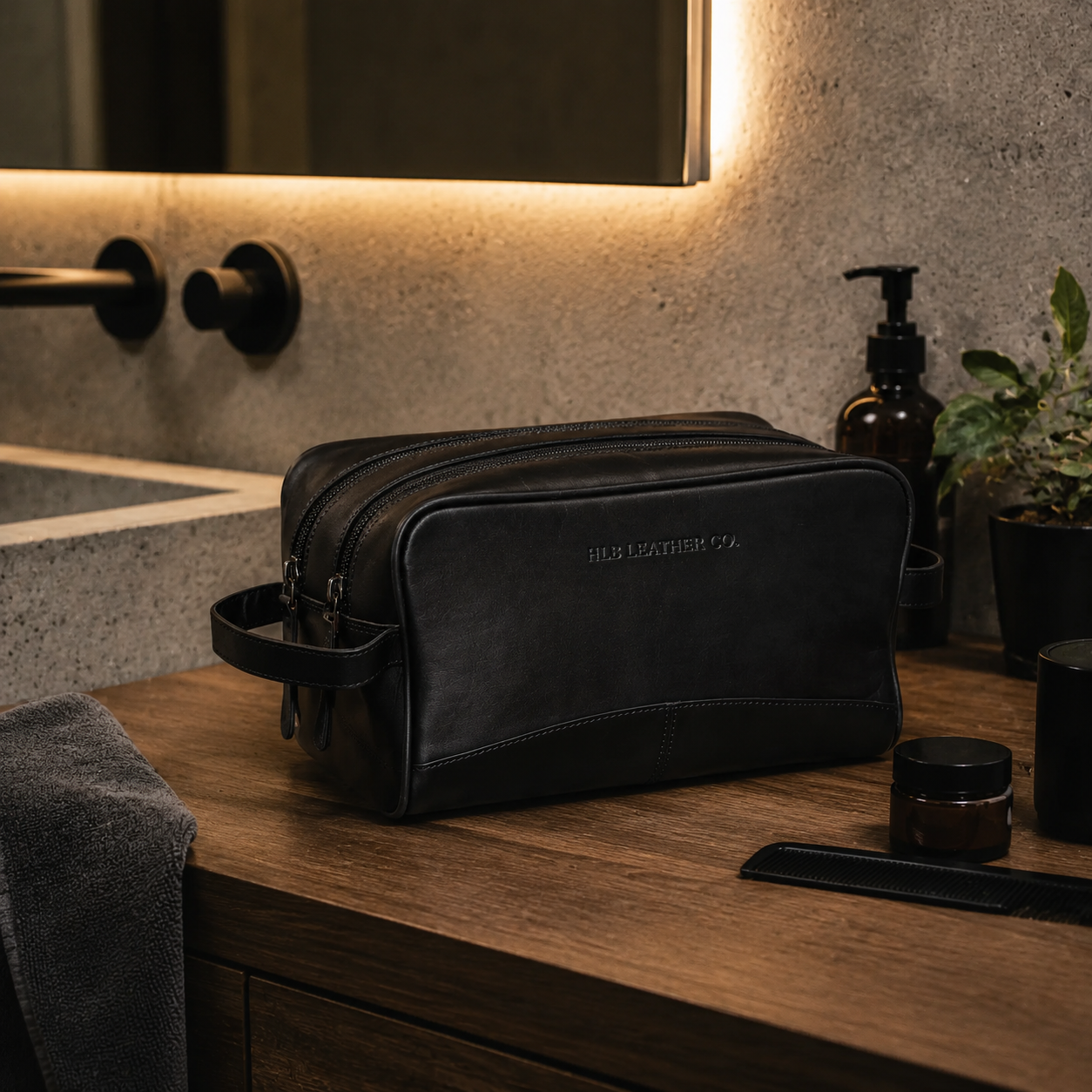 Black Wax Pull-Up Leather Toiletry Bag – Compact Travel Dopp Kit