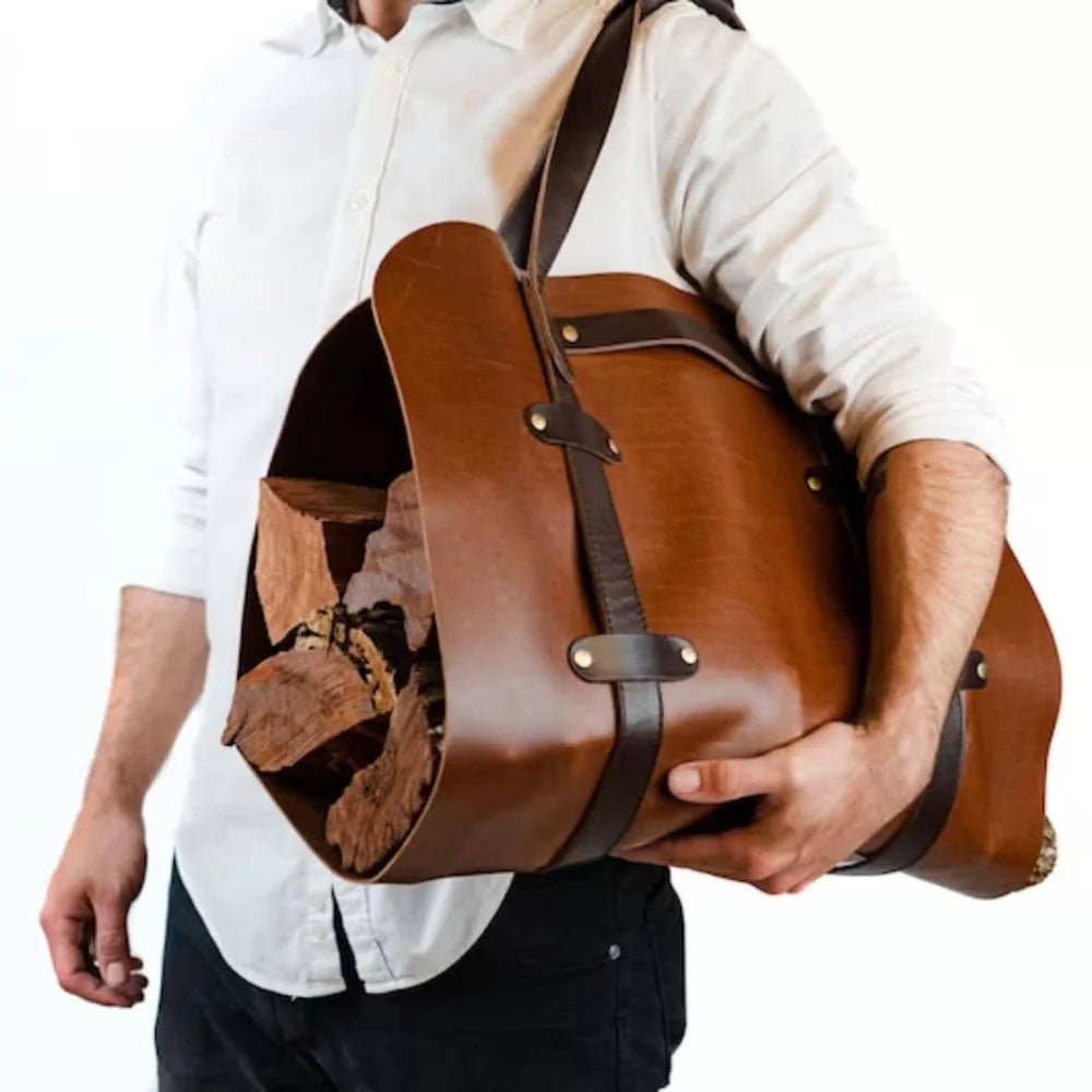 Rustic Leather Firewood Carrier — Full Grain Artisan Log Tote
