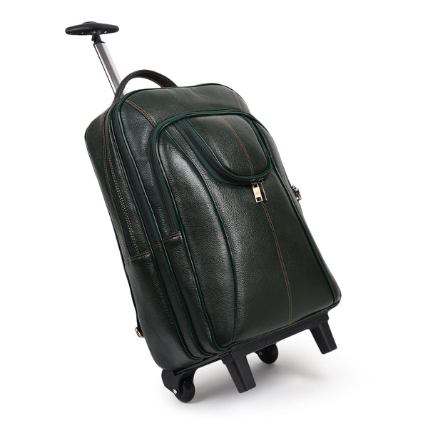 Olive Green Leather Trolley Backpack with 15.6-Inch Laptop Storage