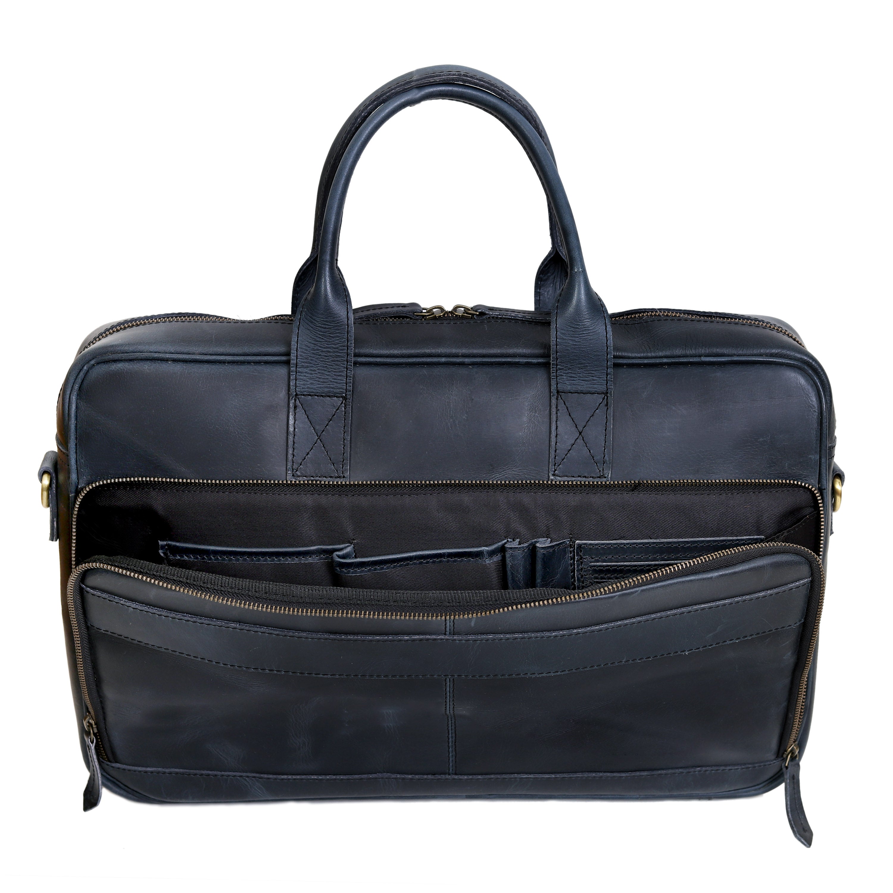 Austin Laptop Leather Briefcase - Navy
