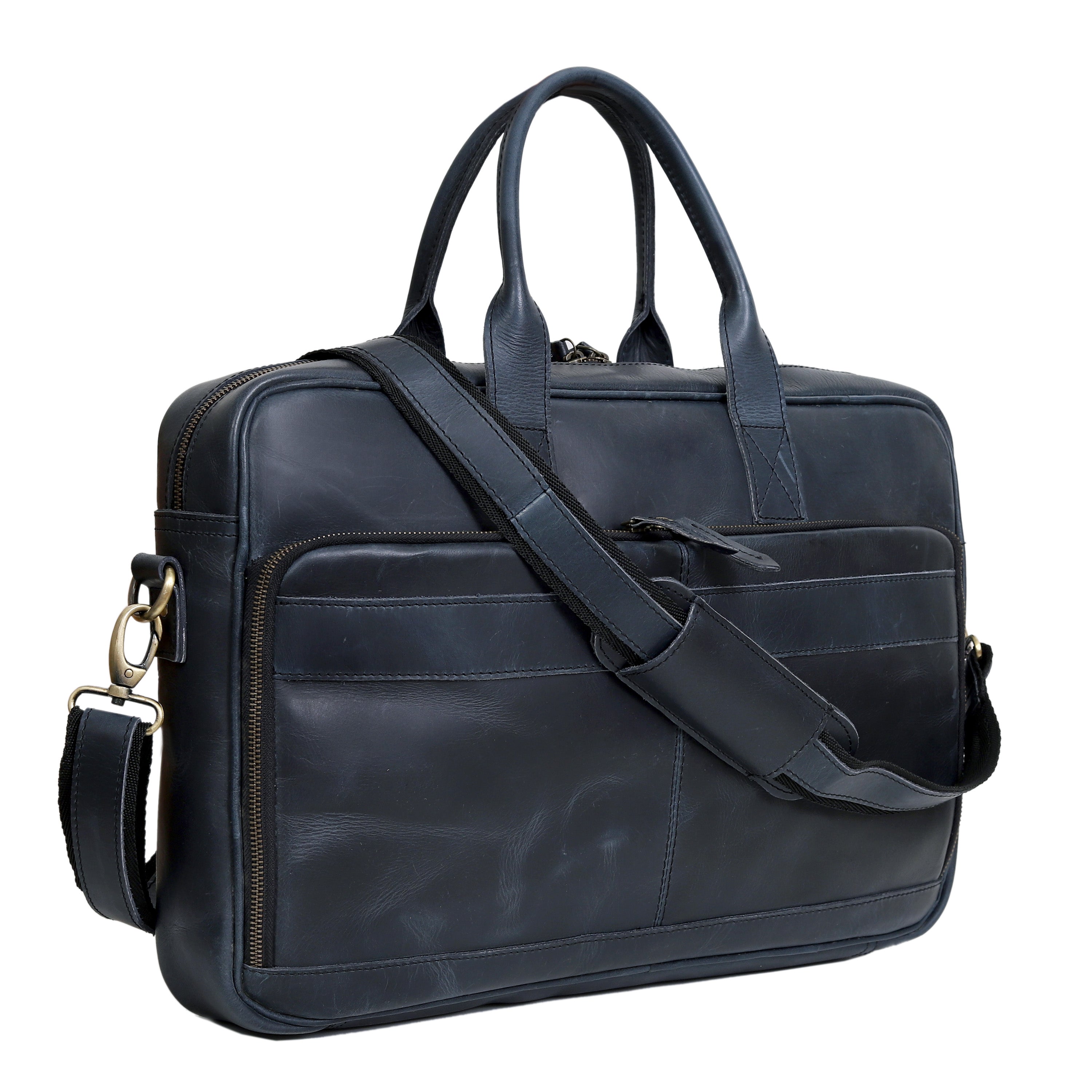 Austin Laptop Leather Briefcase - Navy
