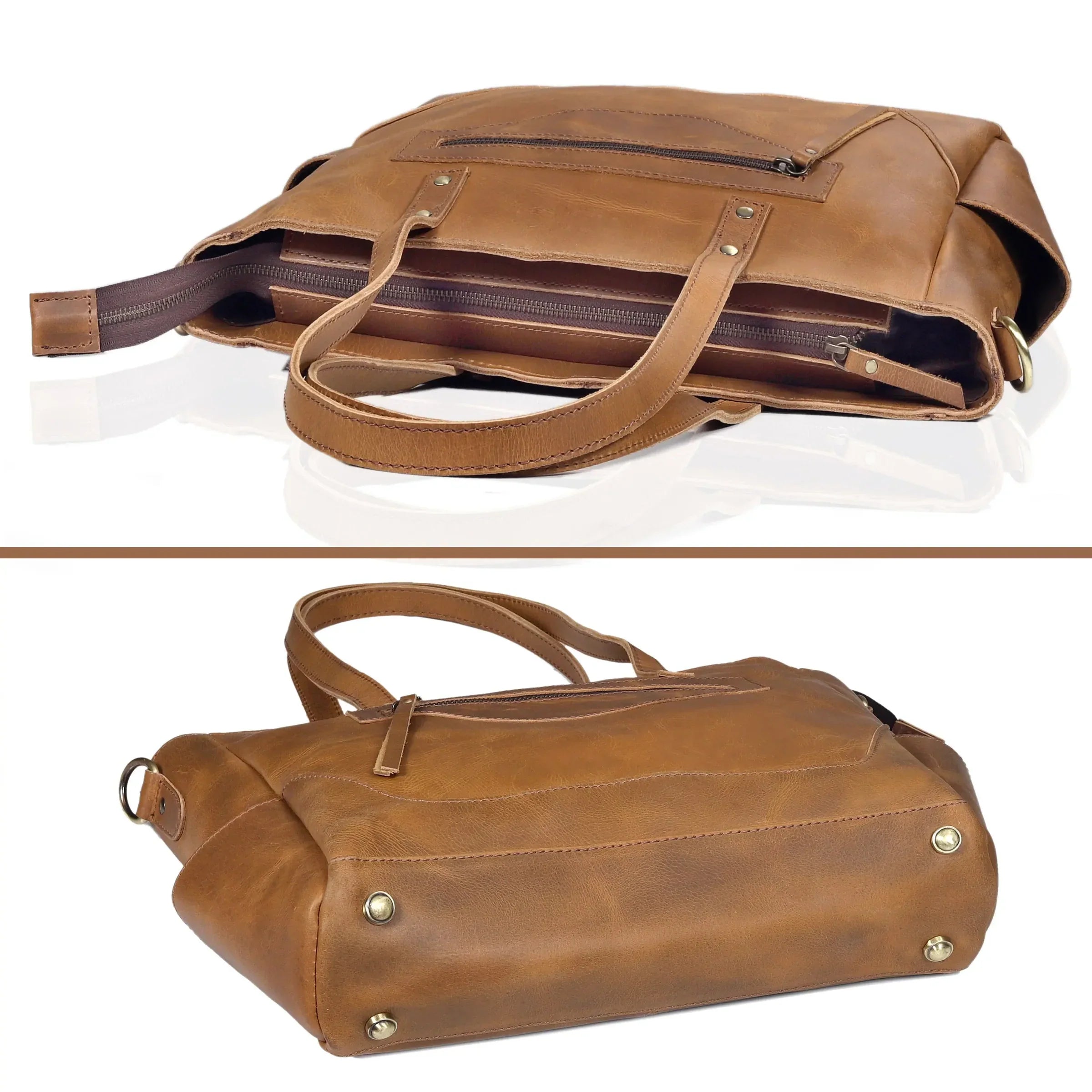 Portland Buffalo Leather Tote Handbag with Zipper - Tan