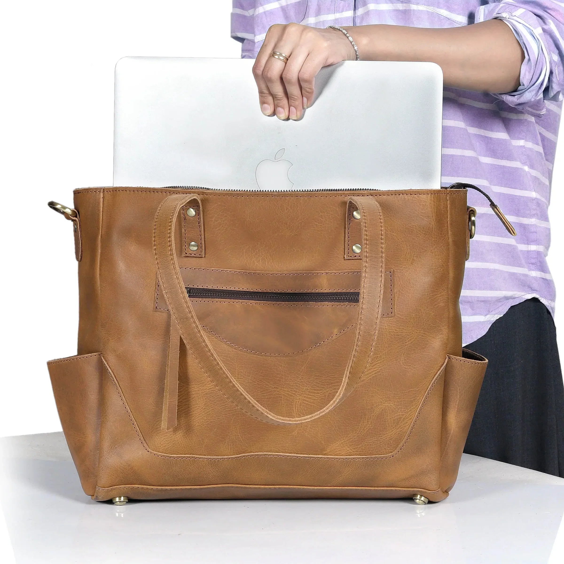 Portland Buffalo Leather Tote Handbag with Zipper - Tan