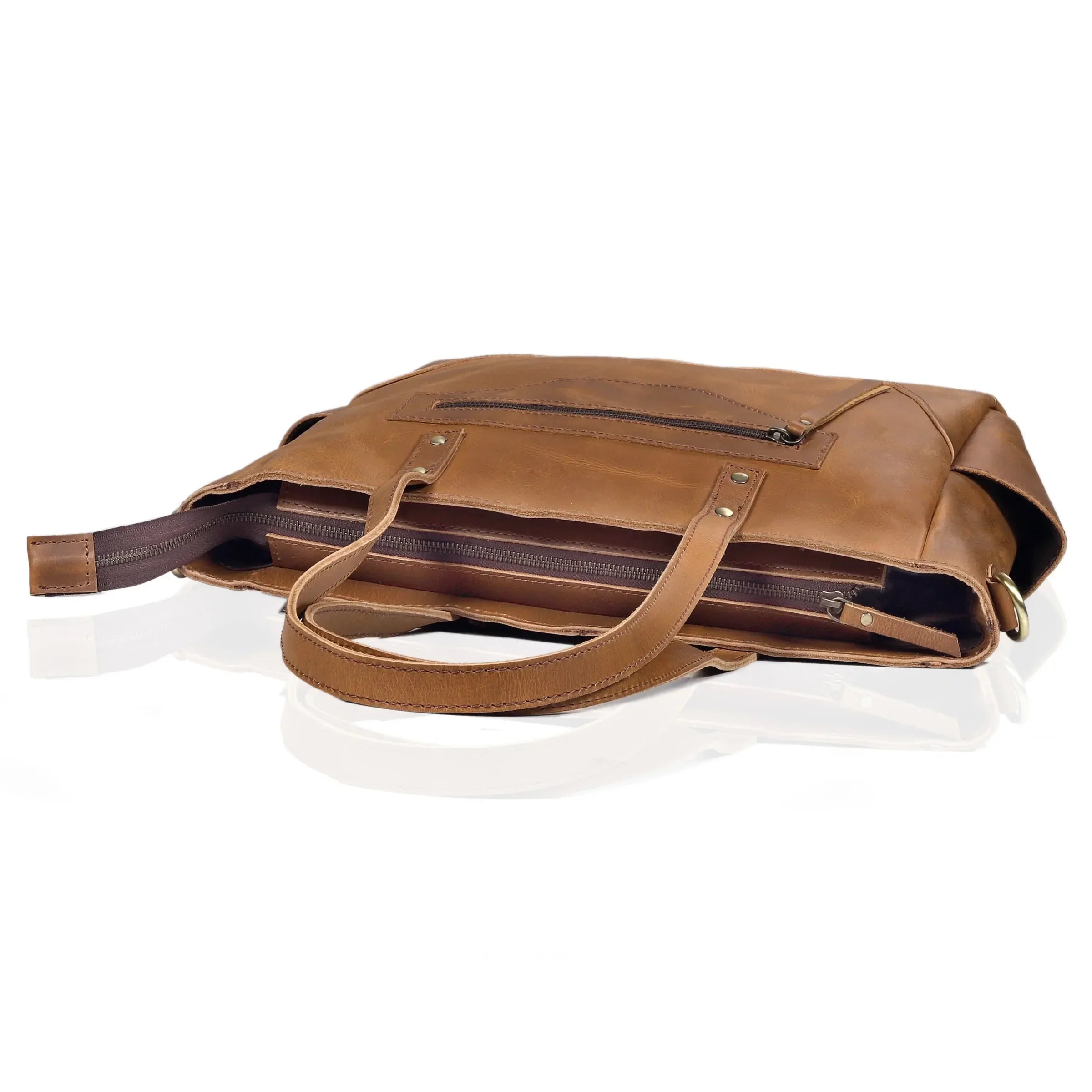 Portland Buffalo Leather Tote Handbag with Zipper - Tan