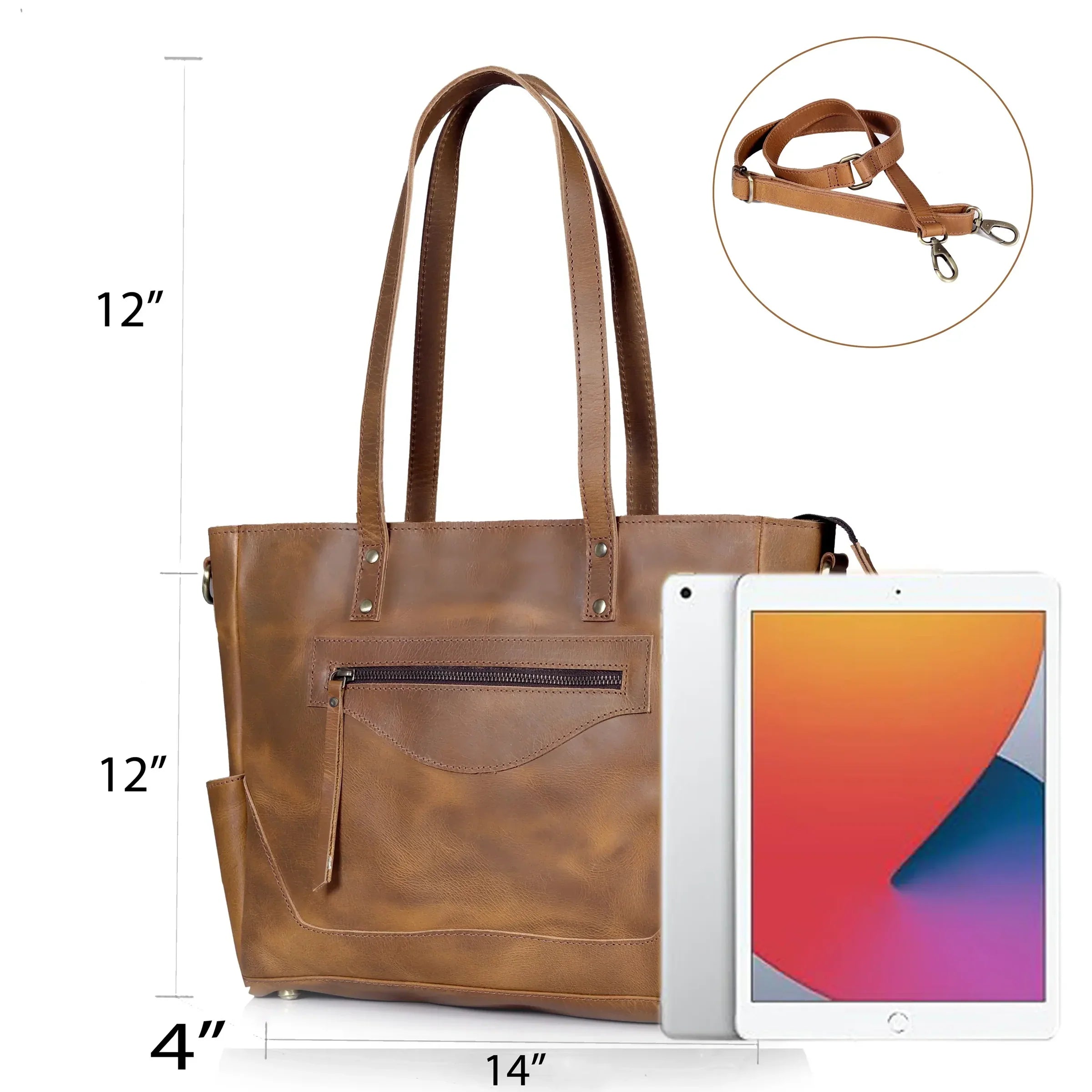 Portland Buffalo Leather Tote Handbag with Zipper - Tan