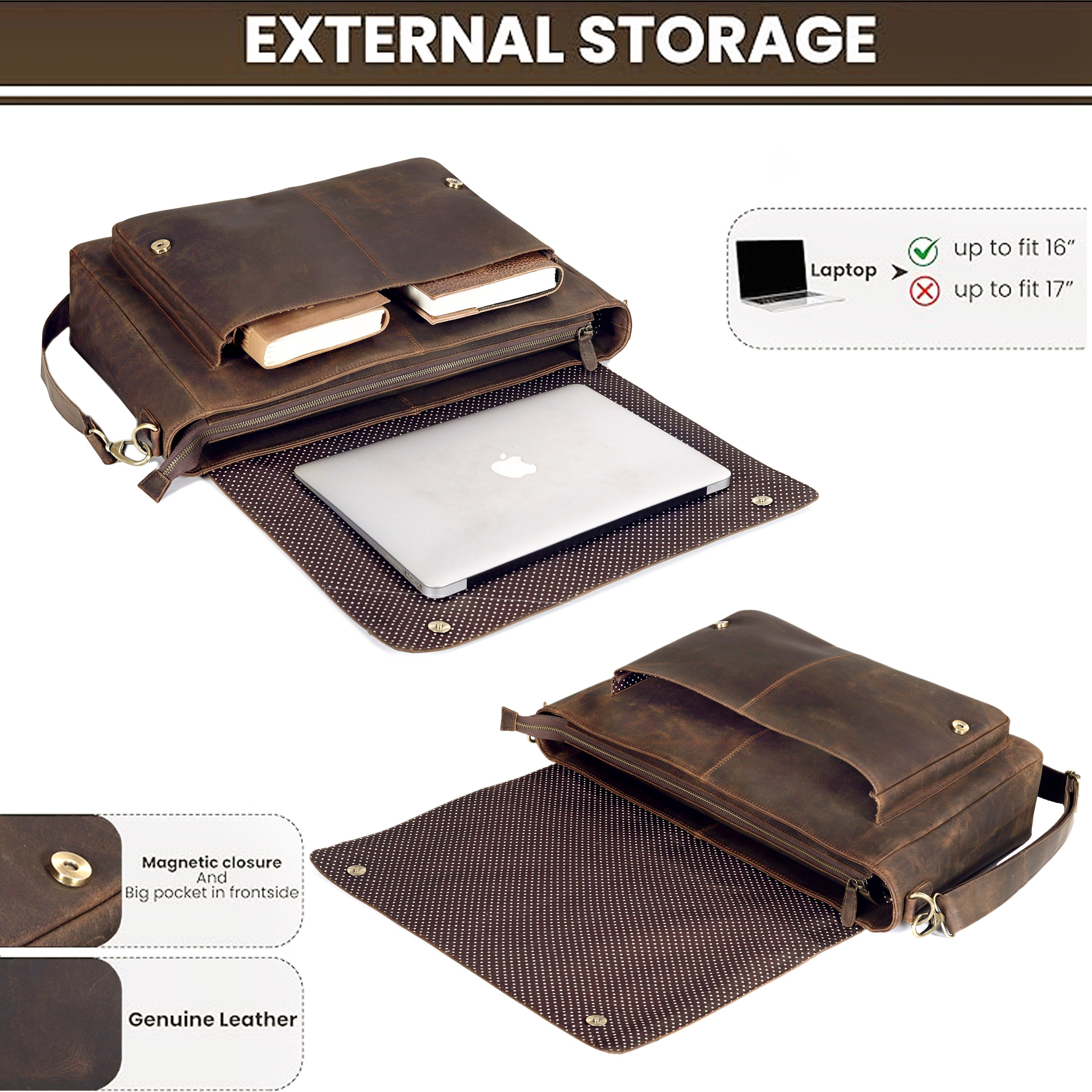 Unisex Vintage Brown Buffalo Leather Messenger Bag