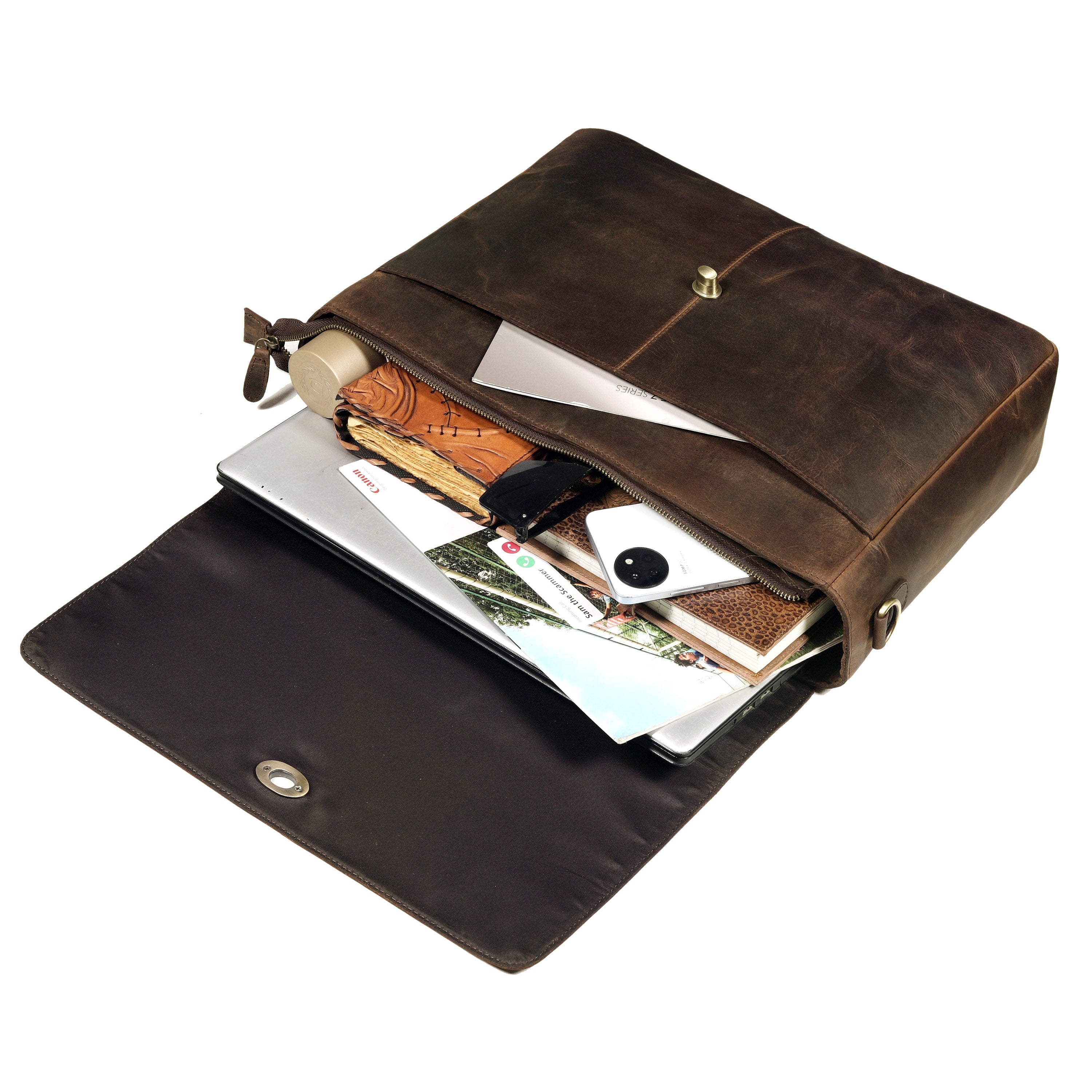 Brown Leather Messenger Bag with Tree of Life Journal